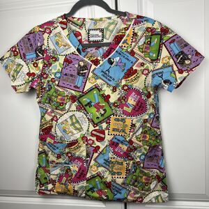 Mary Engelbreit Womens Scrub Top XS Cottage Core Whimsical Colorful Happy Nurse